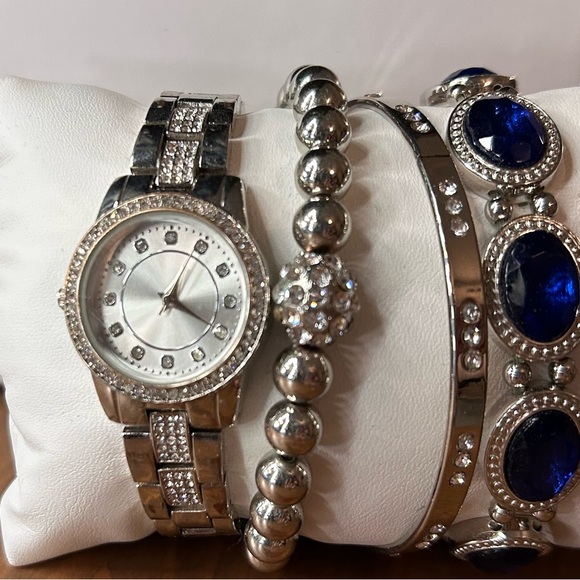Silver Watch and Bracelet Set with Blue Accents - Picture 1 of 6